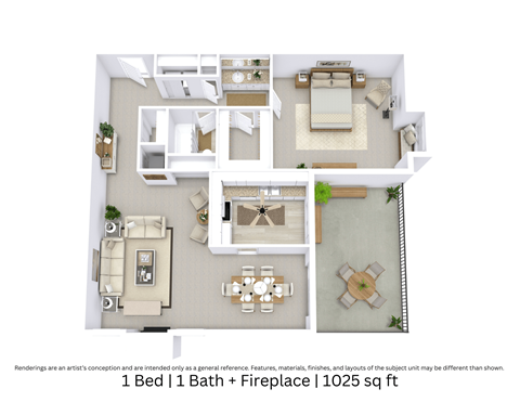 Floor plan for 1 bed, 1 bath, 1025 sqft